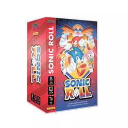 The "Sonic the Hedgehog: Sonic Roll" by Kessler Corporation features vibrant artwork of Sonic, Tails, Knuckles, and Amy. For 1-4 players aged 14+, it includes Zones Cards and Chaos Emeralds for a 30-60 minute adventure on a blue background with a large golden ring and cloud patterns.