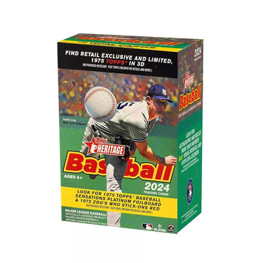 2024 Topps MLB Heritage Baseball Trading Cards Value Box by Everything Games showcases an action shot of a player in a white uniform throwing a pitch. The box includes exclusive retail cards such as 3D and foilboard cards, presented in a green and red design reminiscent of the classic 1975 Topps style.