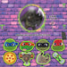 Promotional image for Miraball: Teenage Mutant Ninja Turtles by Wyncor featuring collectible character toys from the series. At the top, an illustration of a rhino head with precise dimensions is showcased. Below, various character plushies including turtle faces, pizza, a koala, a rhino head, and a skateboard are displayed against a purple brick wall background.