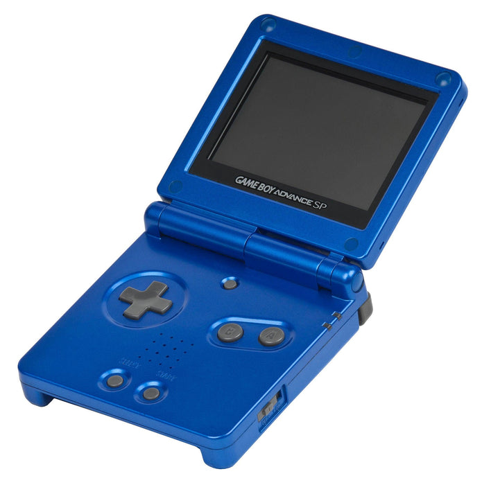 A blue Nintendo Gameboy Advance SP handheld gaming console, slightly open, displaying its backlit screen and controls. It features a directional pad, A and B buttons, a speaker, and two additional buttons in the front. The device is angled to show both the top and bottom halves, hinges, and side slot.