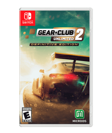 Cover image of the Microids racing game "Gear Club Unlimited 2 Definitive Edition." The cover features a close-up of a sports car racing on a track, with sunlight casting dramatic shadows. The game's logo is prominently displayed at the top along with the Nintendo Switch, ESRB, and Microids logos.