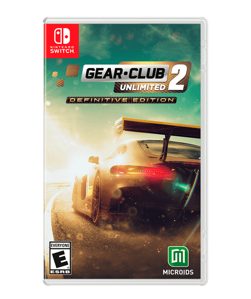 Cover image of the Microids racing game "Gear Club Unlimited 2 Definitive Edition." The cover features a close-up of a sports car racing on a track, with sunlight casting dramatic shadows. The game's logo is prominently displayed at the top along with the Nintendo Switch, ESRB, and Microids logos.