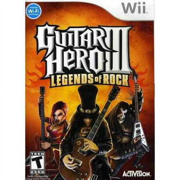 The cover for "Guitar Hero 3 Legends of Rock" on Wii shows three stylized characters with guitars and a guitar-shaped controller, set against an orange fiery backdrop. It includes the Nintendo Wi-Fi logo, Wii logos, "Teen" ESRB rating, and the Activision logo at the bottom right.