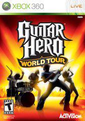 Cover of Activision's "Guitar Hero World Tour" Xbox 360 game, highlighting the complete band experience. The cover image displays a stylized black silhouette of a band with guitarists, a drummer, and a vocalist set against a vibrant fiery orange background. The bold logo of the game is prominently featured at the center.