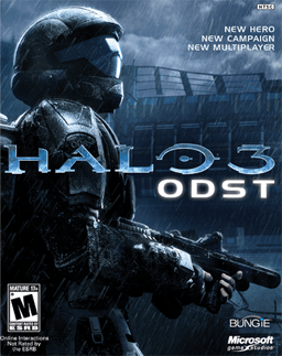 The cover art for "Halo 3 ODST" depicts an armored Orbital Drop Shock Trooper with a weapon in a rainy cityscape. The text reads, "New Hero, New Campaign, New Multiplayer." Bungie and Microsoft logos appear at the bottom with an M rating for Xbox 360. Brand: Everything Games.