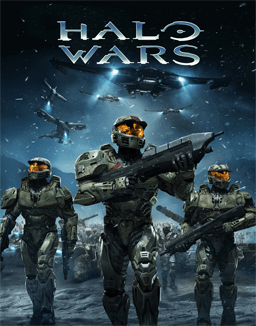 Cover art for the Everything Games real-time strategy game "Halo Wars" depicting three armor-clad soldiers holding weapons, set against a battlefield with flying aircraft and a mountainous backdrop under a dark, snowy sky. The title "Halo Wars" appears at the top in bold, metallic letters.