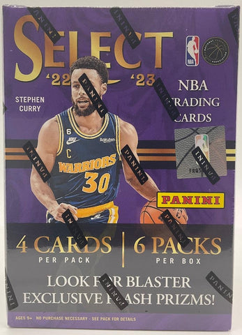 The image shows a purple 2022-23 Panini Select Basketball Blaster Box with a Warriors player in jersey number 30. It includes 6 packs of 4 cards each and offers exclusive parallels and Blaster Exclusive Flash Prizms.