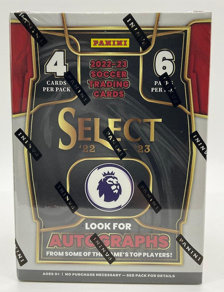 A sealed Panini-branded 2022-23 Select Premier League EPL Soccer Blaster Box, featuring 4 cards per pack and 6 packs per box. Discover autographs from top players and hunt for the rare Purple Mojo parallel!.