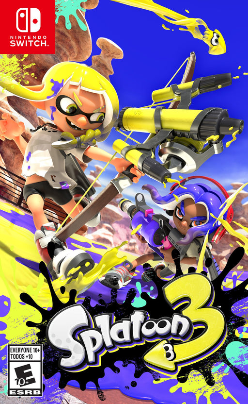 The cover art for Nintendo's "Splatoon 3" on the Nintendo Switch features two dynamic characters, one adorned in yellow and the other in purple, showcasing innovative ink-based weaponry. The vibrant backdrop, filled with splashes of bright ink, reflects the energetic multiplayer modes and captures the essence of the game's playful spirit. The game is rated E10+ by ESRB.