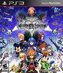 The "Kingdom Hearts HD 2.5 Remix" PS3 cover by Square Enix features Sora and Mickey Mouse in dynamic poses, with a vibrant heart and key motif background. The top right displays an "Only on PlayStation" label, and logos are situated at the bottom.