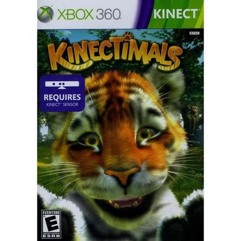 Cover of "Kinectimals" by Everything Games for Xbox 360 displays a wide-eyed tiger with an open mouth, capturing the excitement of virtual pets. Includes "Requires Kinect Sensor" label and is rated "E" for Everyone, set against a sunny background with trees.