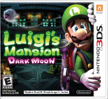 The cover art for Everything Games' "Luigis Mansion Dark Moon" on the Nintendo 3DS depicts a scared Luigi equipped with his Poltergust 5000 and flashlight, set against a haunting mansion backdrop. Rated E for Everyone, it promises exciting 2D and 3D adventures.