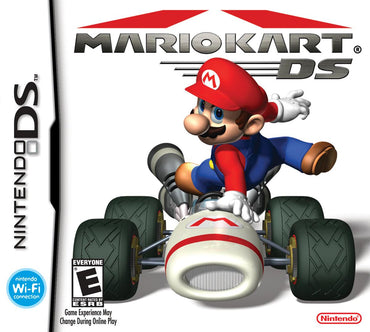 Cover of "Mario Kart DS" by Everything Games for Nintendo DS depicts a cartoon character in a red hat driving a white kart with red accents and oversized tires. The logo is at the top, "Nintendo DS" on the left, and features an "Everyone" rating and Nintendo logos, highlighting multiplayer capabilities.