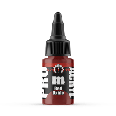 A small bottle of Monument Hobbies S37 - Red Oxide with a black twist cap is shown. The label features the brand name, "Monument Hobbies," and the color "Red Oxide," displayed in black and white text. The transparent bottle reveals the premium high-density pigment deep red paint inside.