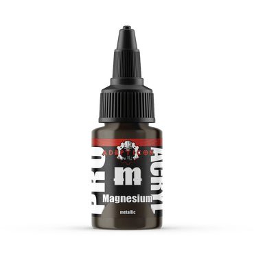 A bottle of Monument Hobbies' S42 - Megnesium with a metallic label featuring bold black and white text, high-density pigment, and includes a black screw cap with a pointed nozzle for easy application.