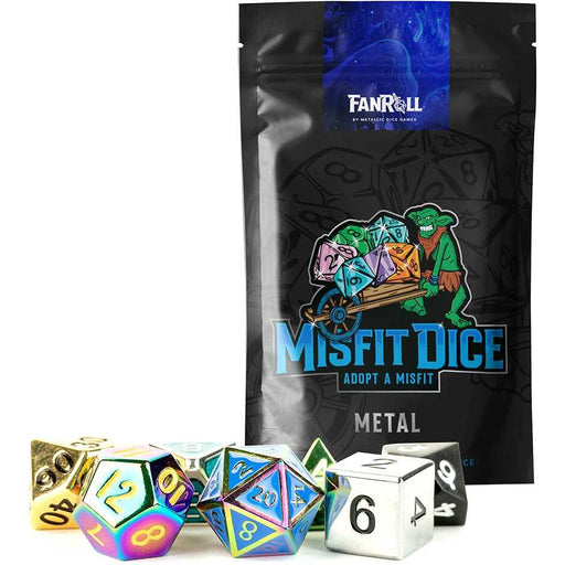 A black package labeled "Fanroll" with a blue logo at the top and an image of a goblin pushing a cart of dice is displayed. The text "Misfit Metal Polyhedral Dice Set (7), Adopt a Misfit, Metal" appears below. In front of the bag, there are various colorful, mismatched 16mm polyhedral dice set and factory second metal dice arranged.