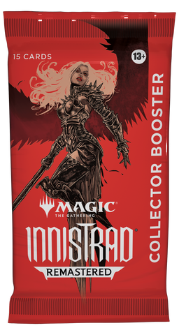 The "Innistrad Remastered - Collector Booster Pack" by Magic: The Gathering features a red pack with an armored female character wielding a sword in a dynamic pose. It includes 15 uniquely showcased cards and is rated for ages 13+.