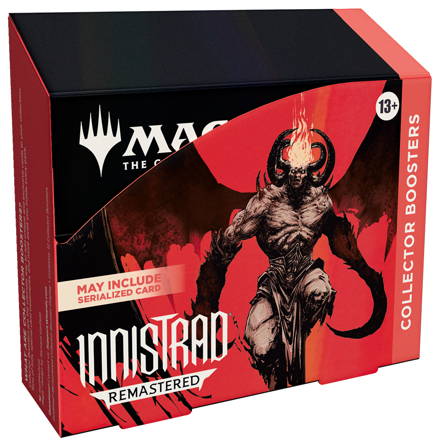 The Innistrad Remastered - Collector Booster Display from Magic: The Gathering features a black and red design with an illustrated demon, offering the thrilling chance to find a Serialized Edgar Markov card. Age rating: 13+.