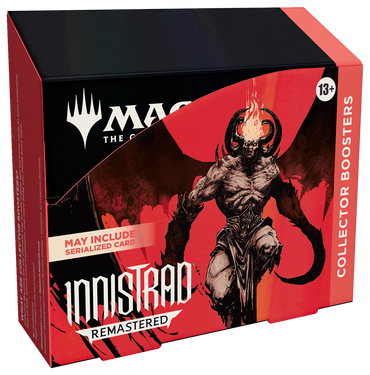 The Innistrad Remastered - Collector Booster Display from Magic: The Gathering features a black and red design with an illustrated demon, offering the thrilling chance to find a Serialized Edgar Markov card. Age rating: 13+.