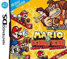 The cover art for the Everything Games Nintendo DS title "Mario Vs Donkey Kong Mini Land Mayhem" showcases Mario pulling a lever while Donkey Kong holds a Mini Mario figure. Adding to the thrill, a roller coaster is visible in the background. The Nintendo DS logo is prominently positioned on the left-hand side.