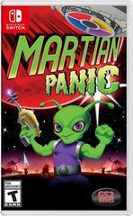 Cover of the GS2 Games Nintendo Switch game "Martian Panic". The artwork features a cartoonish green alien holding a futuristic gun, standing against a backdrop of a red planet and spaceships. The title "Martian Panic" is written in bold green and yellow letters above, showcasing this exciting party shooter. Suitable for ages 10+.