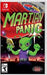 Cover of the GS2 Games Nintendo Switch game "Martian Panic". The artwork features a cartoonish green alien holding a futuristic gun, standing against a backdrop of a red planet and spaceships. The title "Martian Panic" is written in bold green and yellow letters above, showcasing this exciting party shooter. Suitable for ages 10+.
