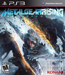 The cover of the Konami product "Metal Gear Rising Revengance" features a futuristic warrior engaged in precision swordplay surrounded by sparks and debris against a blue background. The game is rated M, showcasing high-speed action, and is published by Konami. The PlayStation Network logo is at the top right.