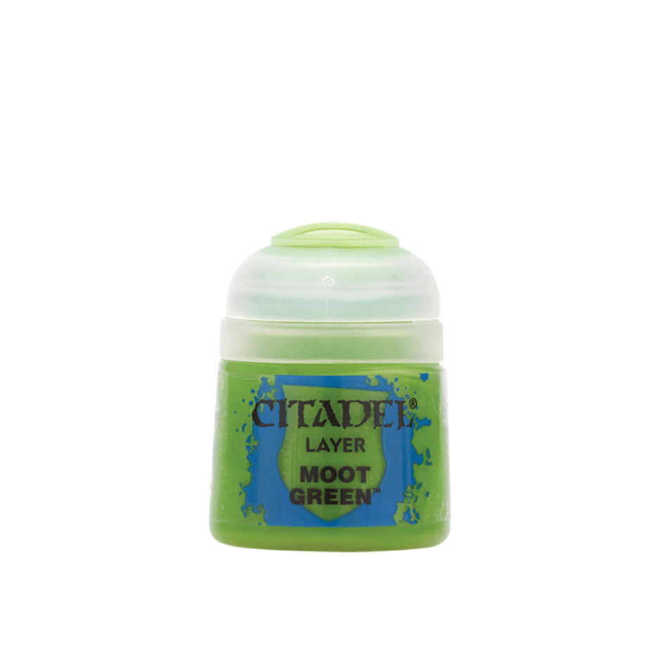 A small container of Citadel Layer - Moot Green paint by Citadel, perfect for miniatures. The cylindrical bottle has a white cap and a green body, with the label reading 