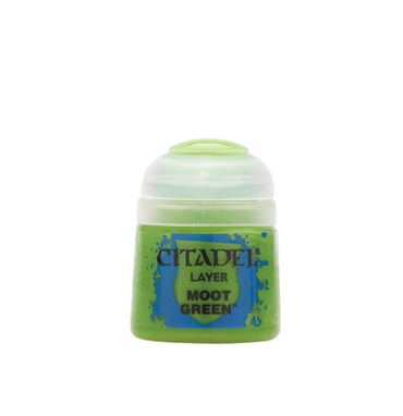 A small container of Citadel Layer - Moot Green paint by Citadel, perfect for miniatures. The cylindrical bottle has a white cap and a green body, with the label reading "Citadel Layer - Moot Green" on a blue background with decorative splashes. Ideal for edge highlighting, this paint elevates your model painting.