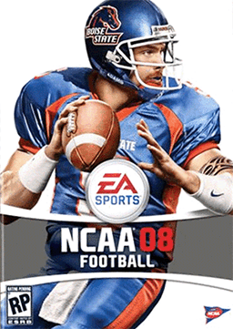 Cover of "NCAA 08 Football" for PS3 by Everything Games, featuring a Boise State player in blue and orange gripping a football. The EA Sports logo is centered below the athlete, with an ESRB rating of "RP" at the bottom left.