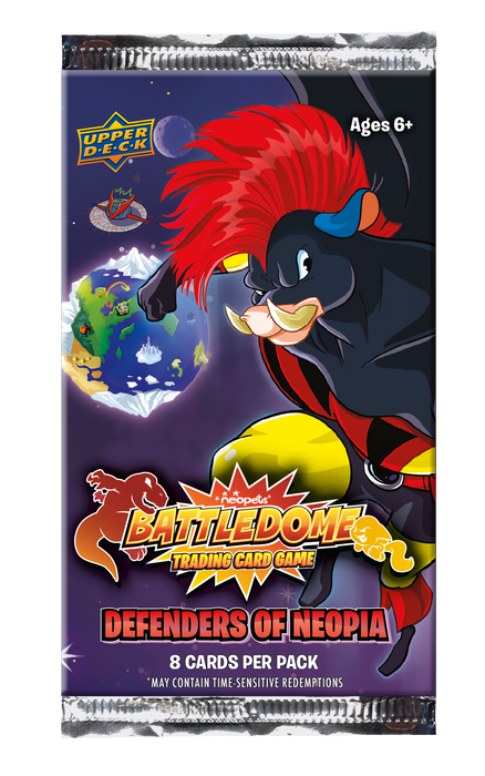 A pack of NEOPETS BATTLEDOME: DEFENDERS OF NEOPIA BOOSTER PACK from Upper Deck. A fierce, muscular black character with wild red hair and a clenched fist is prominently displayed. The pack contains 8 cards, is for ages 6+, and may include time-sensitive redemptions. Upper Deck logo in the top left corner.