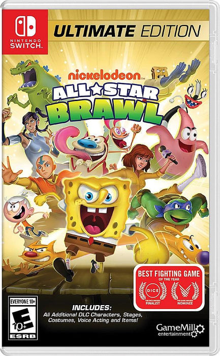 Cover of the GameMill Entertainment game "Nickelodeon All-Star Brawl: Ultimate Edition." The image features various Nickelodeon characters like SpongeBob SquarePants, Danny Phantom, Korra, and Patrick Star in action poses. The game's logo is centered, and the banner reads, "Best Fighting Game.