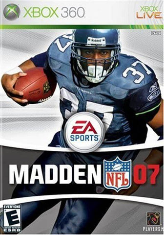 The cover art for the interactive experience "Madden 07" by Everything Games on Xbox 360 features a football player in a blue jersey holding the ball, with the EA Sports logo centered, NFL logo below, rated "E for Everyone," and the Xbox Live logo in the top right corner.