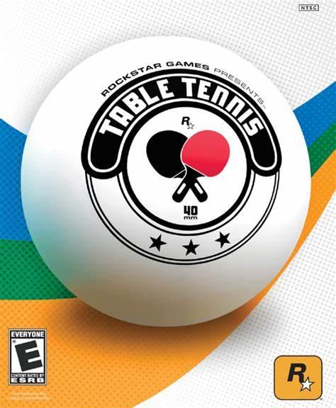 The cover for Everything Games' "Table Tennis" video game on Xbox 360 features a table tennis ball with the logo, a black-and-red paddle design, and "40 mm" text. Dynamic blue, green, and orange curves serve as the background. Rated "Everyone" by ESRB.