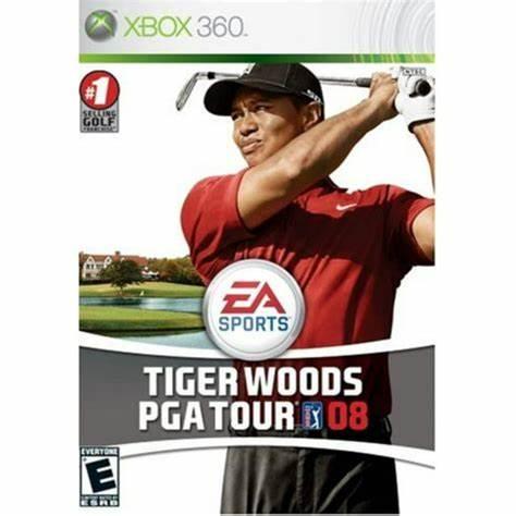 The "Tiger Woods PGA Tour 08" Xbox 360 cover, by Everything Games, displays a golfer in a red shirt on a lush golf course with the EA Sports logo above the title. Enjoy an unparalleled golfing experience in the #1 selling golf franchise, rated E for Everyone.