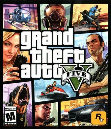 The cover art for "Grand Theft Auto V (Xbox One)" by Everything Games features a helicopter, masked figure, jet ski scene, and more, capturing its open-world action vibe. The central logo includes a "V" and "Grand Theft Auto Five," with an ESRB rating of "Mature 17+" and the Rockstar Games logo.