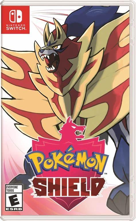 Cover of Pokémon Shield for Nintendo Switch from Everything Games. It features the legendary Pokémon Zamazenta roaring, with red and yellow shield-like armor. The logo displays 