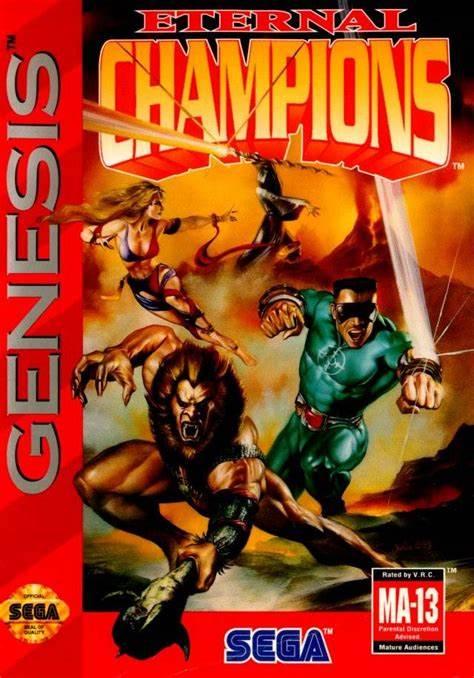 The cover art for "Eternal Champions" by Everything Games showcases dynamic combat poses of multiple characters, such as a muscle-bound man and an animalistic creature. A fiery backdrop highlights the game's title prominently at the top.