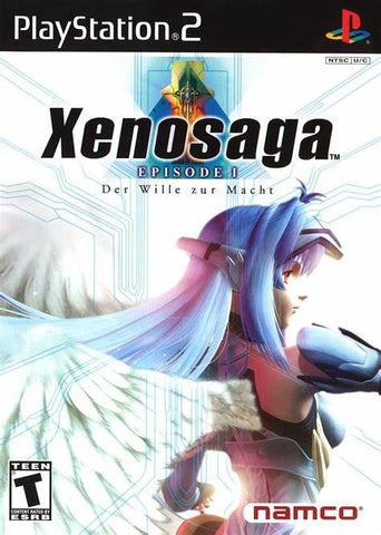 Cover art for the PlayStation 2 science fiction role-playing game "Xenosaga Episode 1" by Everything Games. It features a blue-haired character with mechanical wings against a white, futuristic background. The PlayStation 2 logo is in the top-left corner, and the Everything Games logo is in the bottom-right corner.