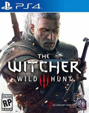 The cover of "The Witcher 3: Wild Hunt" (PS4) by Everything Games features Geralt of Rivia with white hair and beard, gripping a sword. His yellow eyes stand out against a stormy backdrop. This RPG includes logos for CD Projekt Red, WB Games, and ESRB (RP).