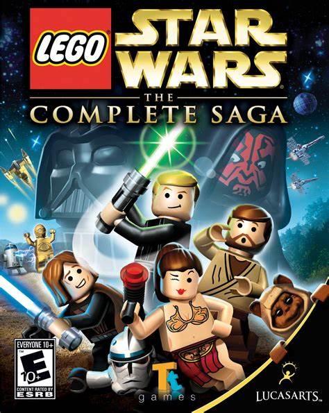 The cover art for "Lego Star Wars The Complete Saga" by Everything Games features Lego versions of Star Wars characters in cooperative multiplayer mode, with lightsabers and weapons, Darth Vader's large image, space scenes, fighters, and the LucasArts and TT Games logos at the bottom.