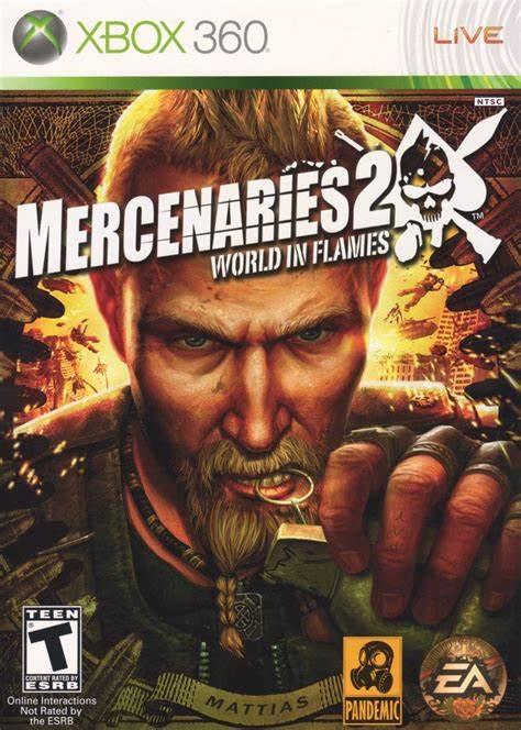 Cover art for Xbox 360's "Mercenaries 2 World In Flames" by Everything Games features a fierce man with a mohawk and braided beard holding a grenade pin in his mouth, ready for chaos. Explosive scenes, military vehicles, game logos, and ratings fill the background.