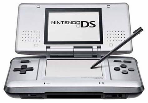 An open silver Nintendo DS System by Nintendo highlights its dual screens; the top displays the 