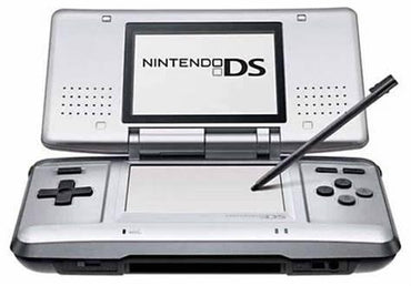 An open silver Nintendo DS System by Nintendo highlights its dual screens; the top displays the "Nintendo DS" logo, while a black control pad on the left, buttons on the right, and a stylus on the lower screen are visible.