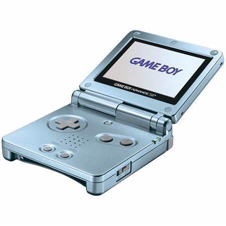 A silver Nintendo Gameboy Advance SP handheld gaming console is open, displaying its backlit screen with the words "GAME BOY." The device features a directional pad on the left, action buttons on the right, and speaker holes. Its hinge allows it to fold closed.
