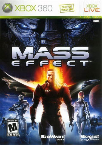 The cover art of the Xbox 360 game "Mass Effect" by Everything Games displays a central armored figure with an "N7" insignia between two allies, under a dominating face. The background features planets and spaceships, with BioWare, Xbox Live logos, and a "Mature 17+" rating label.