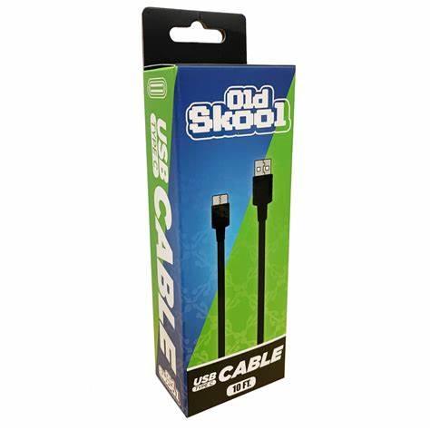 Packaging for an "Old Skool USB-C Cable" by Old Skool, 10 feet long, compatible with PS5, Switch Controllers, and XBOX Series. The box features a blue and green background with an image of the USB-C cable. "USB-C Cable" text is prominently displayed in white alongside branding and product details on the front.