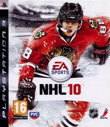 The "NHL 10" PS3 game by Everything Games features an ice hockey player in a red jersey and helmet, gripping a stick. Prominent logos include EA Sports, NHL, and NHLPA. With a 16+ rating, it offers dynamic icy graphics capturing the essence of ice hockey gaming.