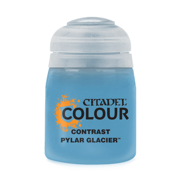 The Citadel Contrast - Pylar Glacier paint is a light blue shade ideal for realistic shading, featuring a frosted translucent lid and an orange splash graphic beside the Citadel brand name.