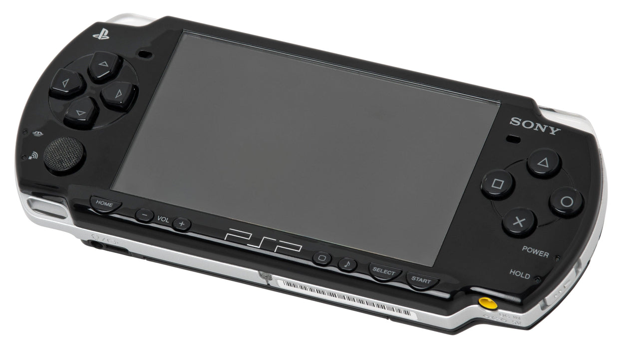 A black Sony Playstation Portable handheld gaming console is shown. The device boasts a large screen in the center, surrounded by various buttons including a directional pad on the left, and action buttons on the right. The bottom edge features additional control buttons and the PSP logo, ideal for portable entertainment with your favorite Playstation Portable games.